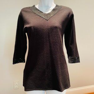 EUC Coldwater Creek 3/4 Sleeve Tunic, Black w/Lace, Acrylic-Nylon-Spandex, Small